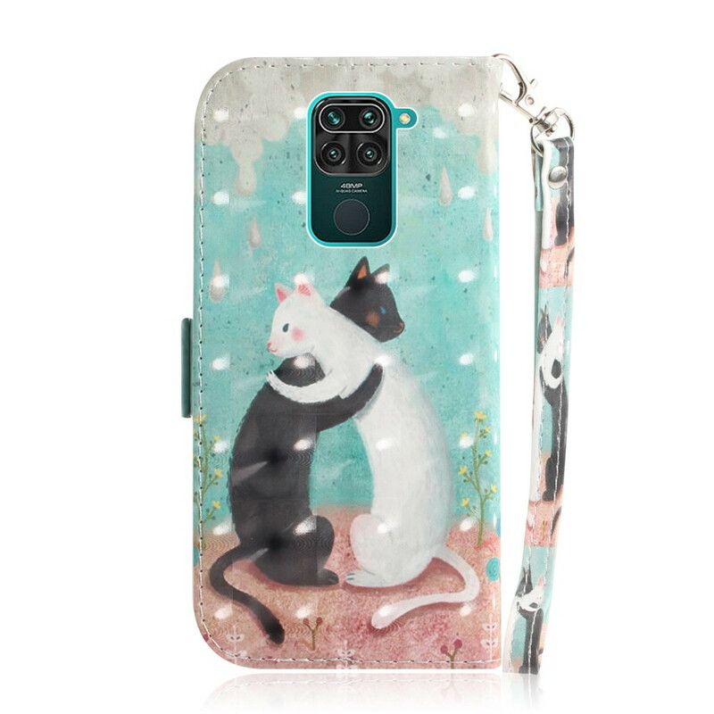 Læder Cover Xiaomi Redmi Note 9 Med Snor Thong Cat Friends