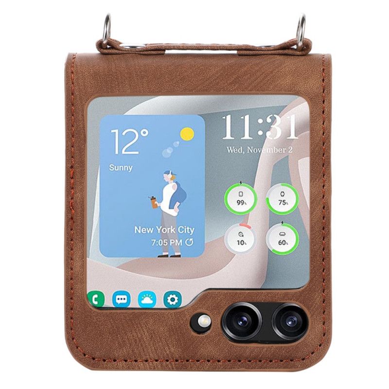 Cover Samsung Galaxy Z Flip 5 Kortholder I Læderstil Og Skulderrem