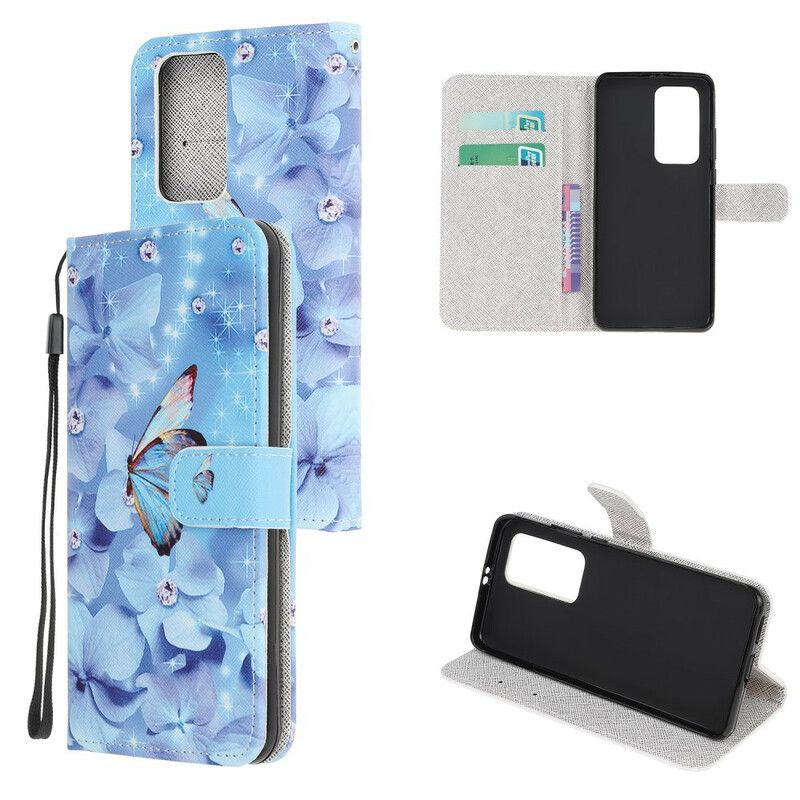 Flip Cover Huawei P40 Med Snor Diamond Strap Sommerfugle