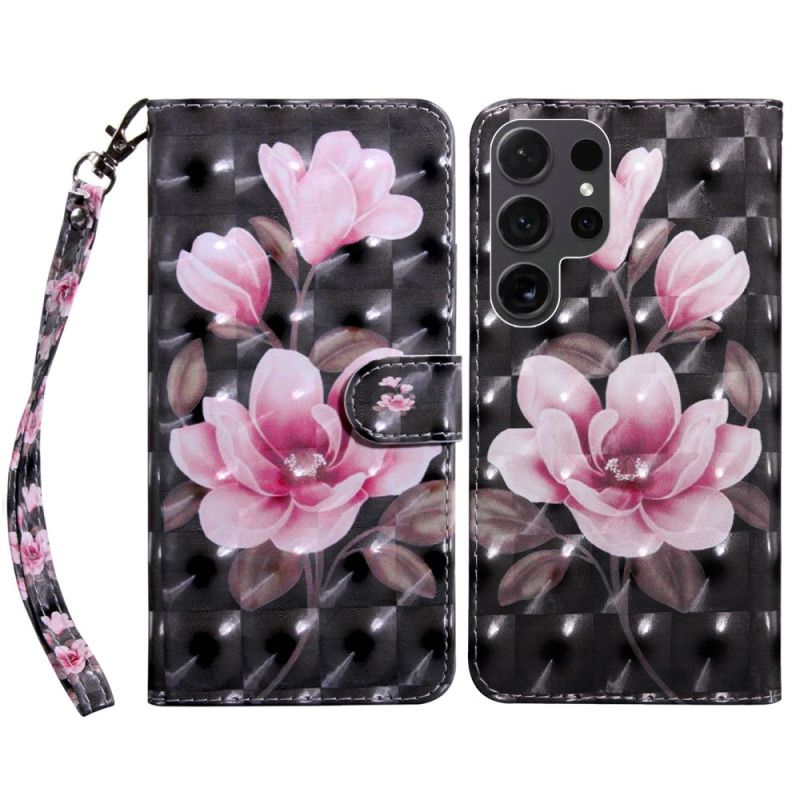 Flip Cover Samsung Galaxy S24 Ultra 5g Lyserøde Blomster På Sort Baggrund Med Rem