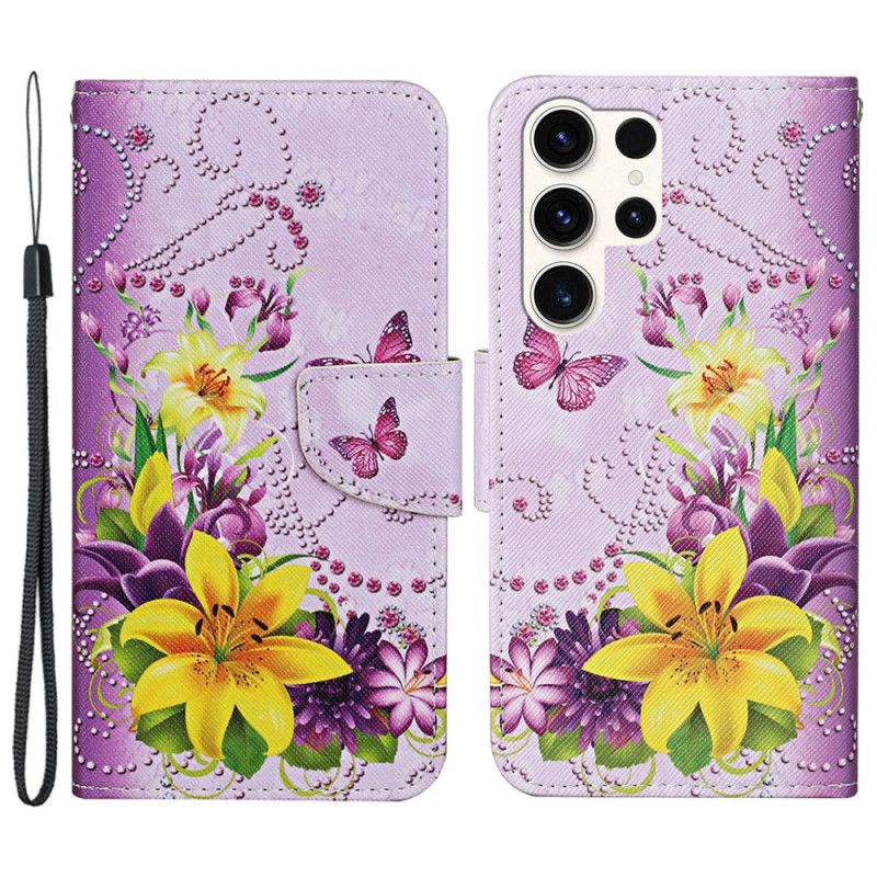 Flip Cover Til Samsung Galaxy S24 Ultra 5g Gule Blomster Og Sommerfugle Med Rem