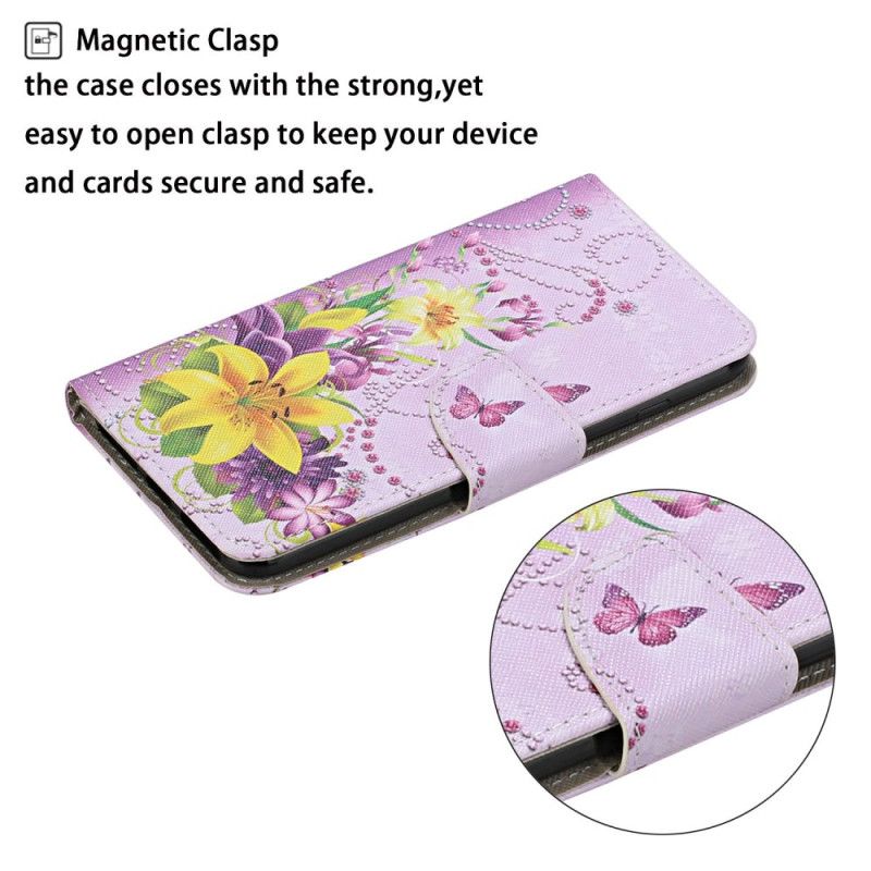 Flip Cover Til Samsung Galaxy S24 Ultra 5g Gule Blomster Og Sommerfugle Med Rem