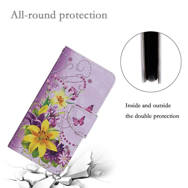 Flip Cover Til Samsung Galaxy S24 Ultra 5g Gule Blomster Og Sommerfugle Med Rem