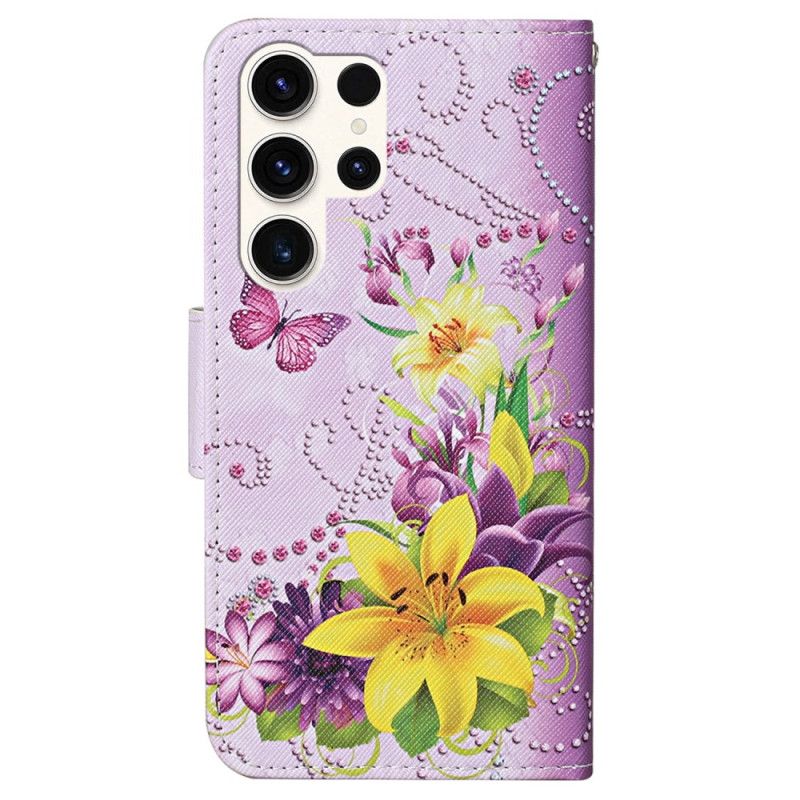 Flip Cover Til Samsung Galaxy S24 Ultra 5g Gule Blomster Og Sommerfugle Med Rem