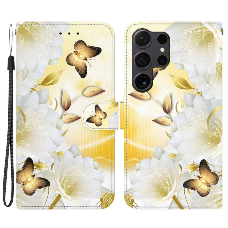 Flip Cover Til Samsung Galaxy S24 Ultra 5g Gyldne Sommerfugle Og Hvide Blomster Med Rem