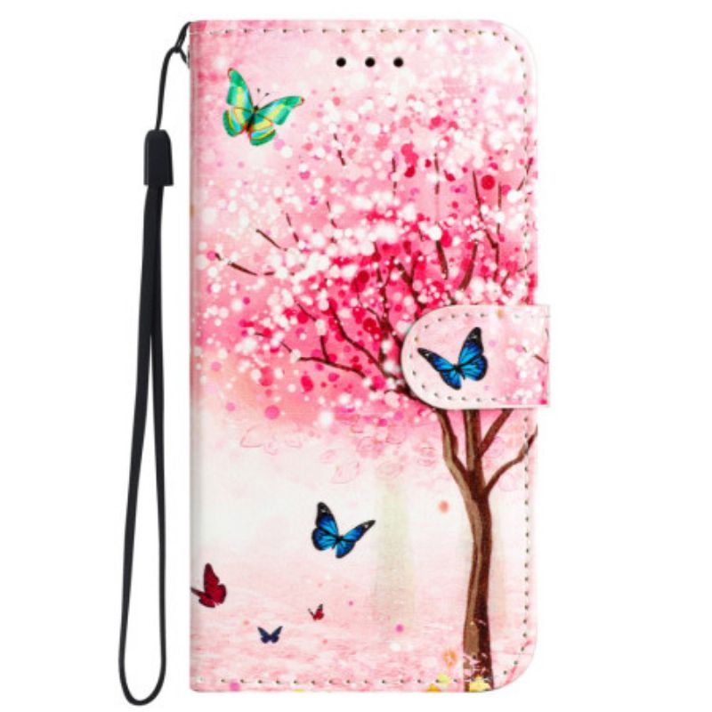 Læder Cover Samsung Galaxy S24 Ultra 5g Telefon Etui Kirsebærblomst Med Rem