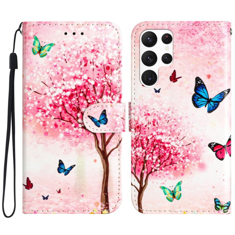 Læder Cover Samsung Galaxy S24 Ultra 5g Telefon Etui Kirsebærblomst Med Rem