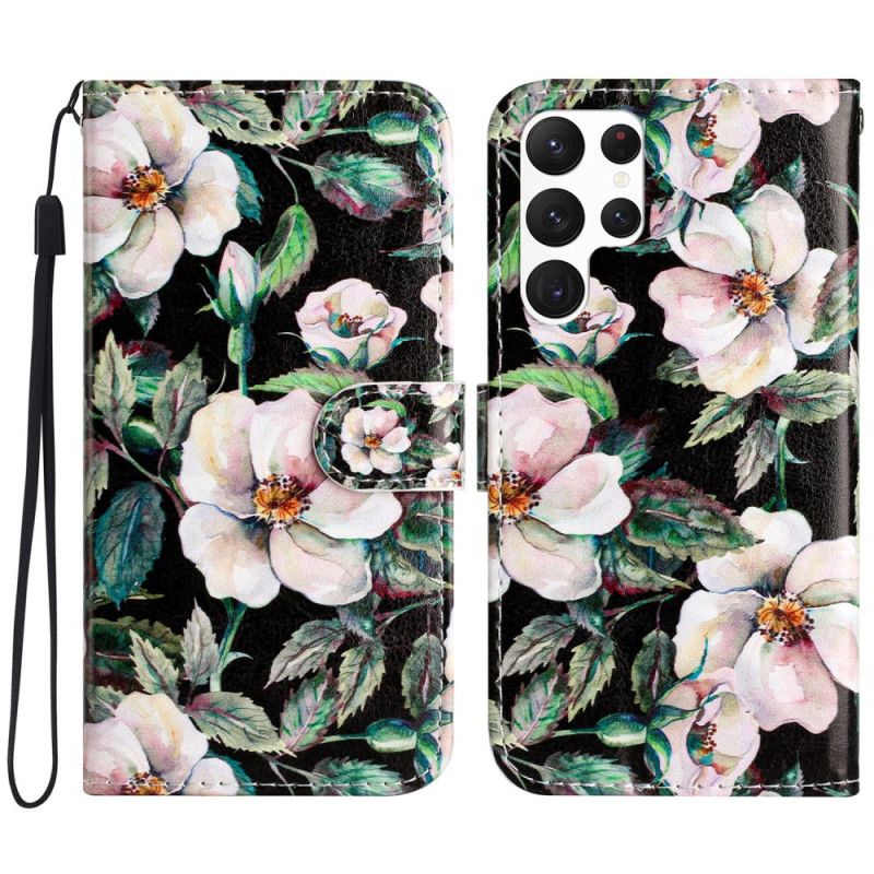 Læder Cover Samsung Galaxy S24 Ultra 5g Telefon Etui Lanière Magnolias