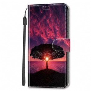 Læder Cover Samsung Galaxy S24 Ultra 5g Telefon Etui Sort Træ Og Solnedgangsrem