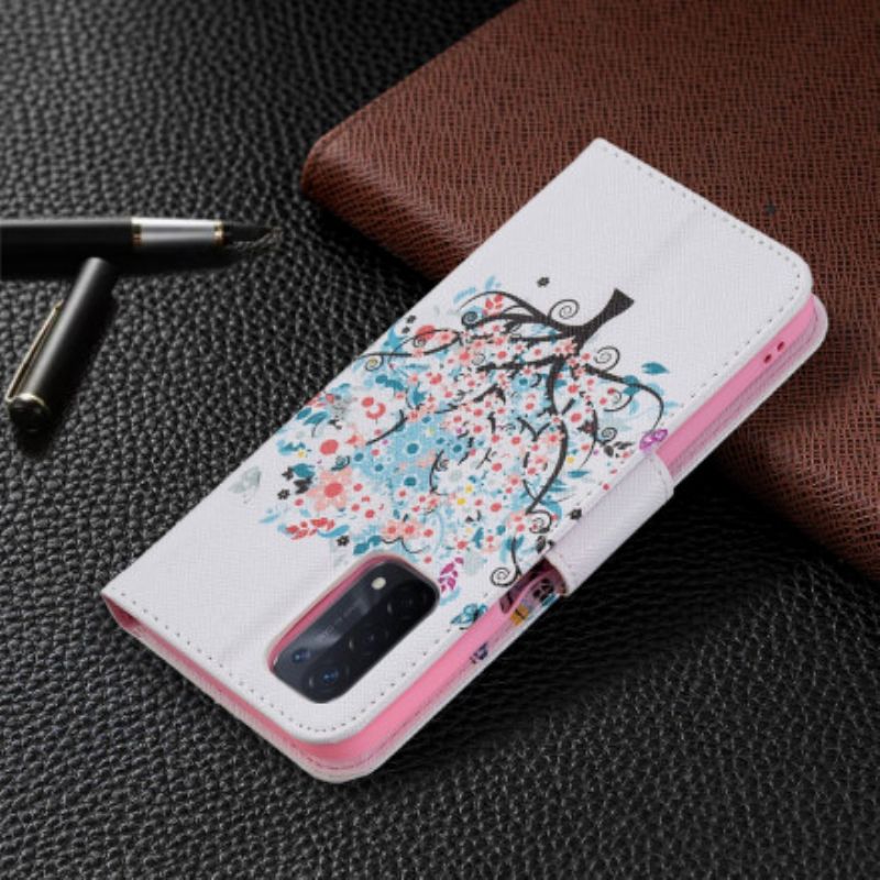 Læder Cover Oppo A54 5G / A74 5G Blomstret Træ