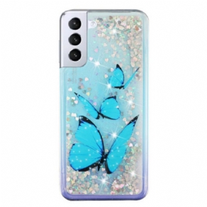 Cover Samsung Galaxy S24 Plus 5g Telefon Etui Blå Sommerfugle Flydende Glitter