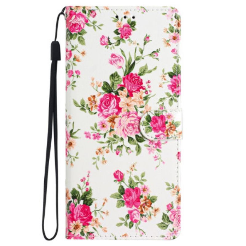 Flip Cover Samsung Galaxy S24 Plus 5g Røde Blomster Med Rem