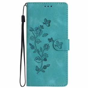 Flip Cover Til Samsung Galaxy S24 Plus 5g Trykte Blomster Og Snor