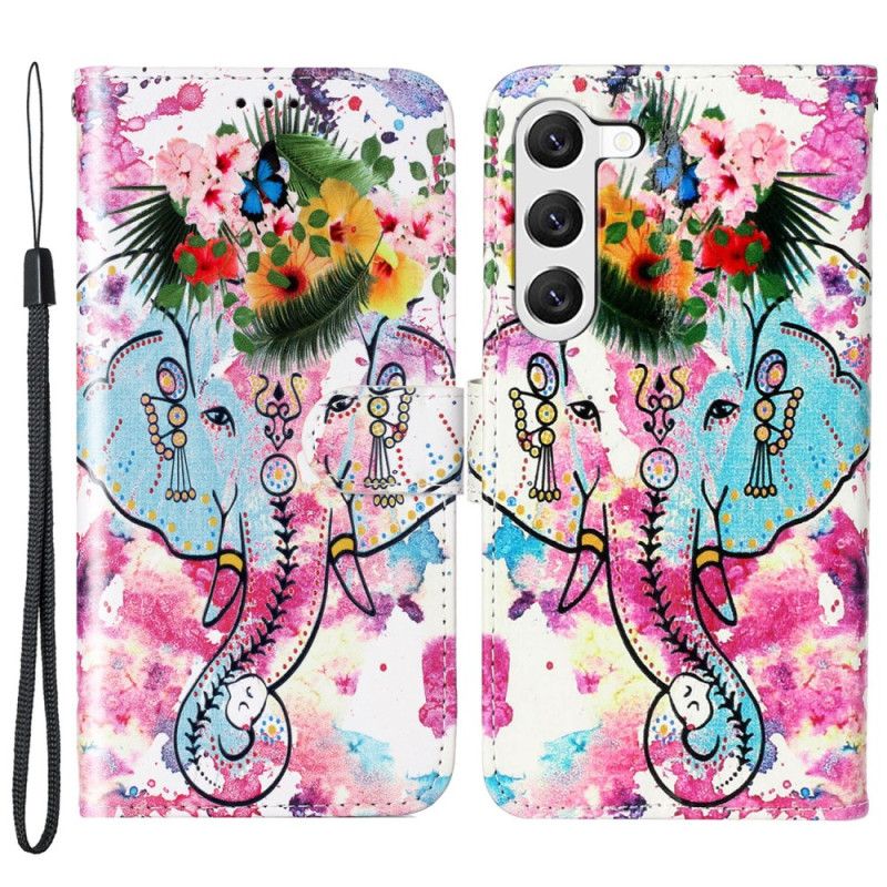 Læder Cover Samsung Galaxy S24 Plus 5g Telefon Etui Blomsterelefant Med Rem