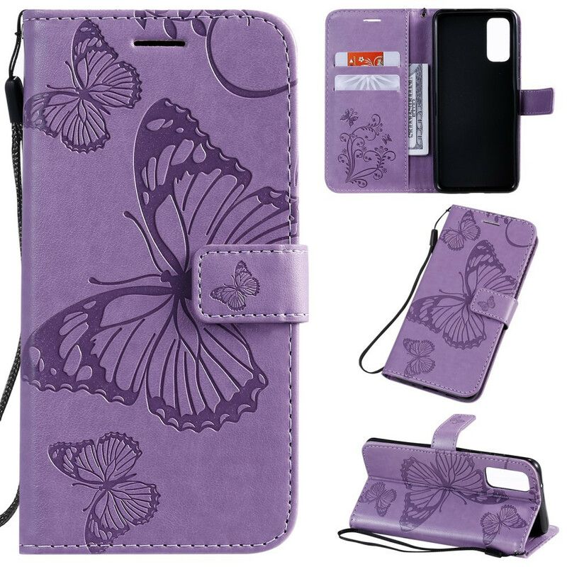 Flip Cover Samsung Galaxy S20 Med Snor Kæmpe Strappy Sommerfugle