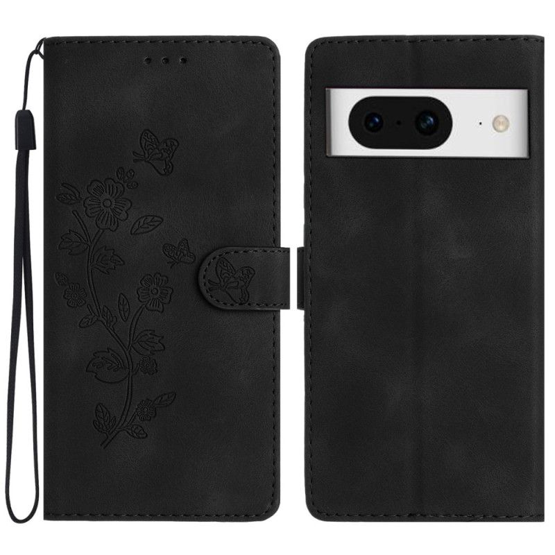 Læder Cover Google Pixel 8 Smukke Blomster Med Rem