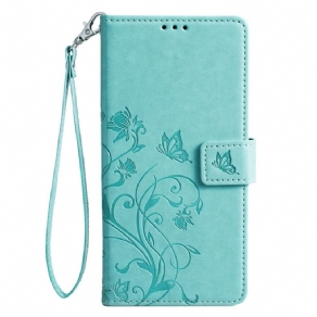 Læder Cover Oppo Reno 11 5g Telefon Etui Sommerfugle Og Blomster Med Rem