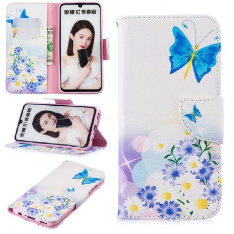 Læder Cover Huawei P Smart 2019 / Honor 10 Lite Malede Sommerfugle Og Blomster