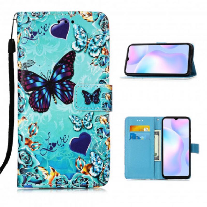 Flip Cover Xiaomi Redmi 9A Med Snor Elsker Sommerfugle Strappy