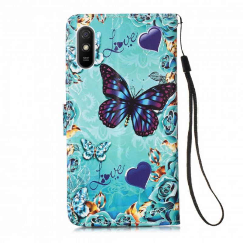 Flip Cover Xiaomi Redmi 9A Med Snor Elsker Sommerfugle Strappy