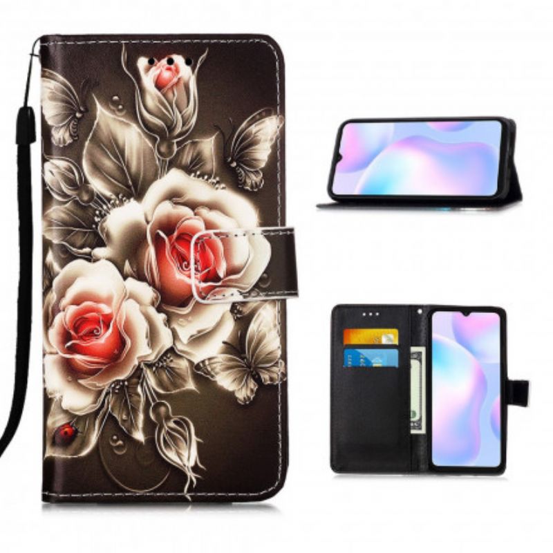 Flip Cover Xiaomi Redmi 9A Med Snor Sort Rose Med Rem