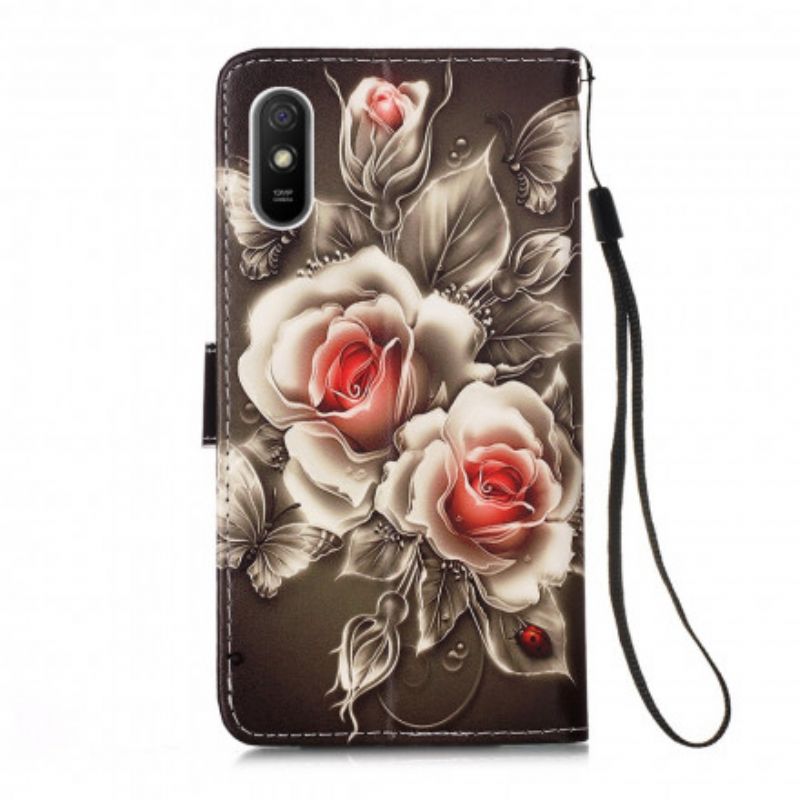 Flip Cover Xiaomi Redmi 9A Med Snor Sort Rose Med Rem