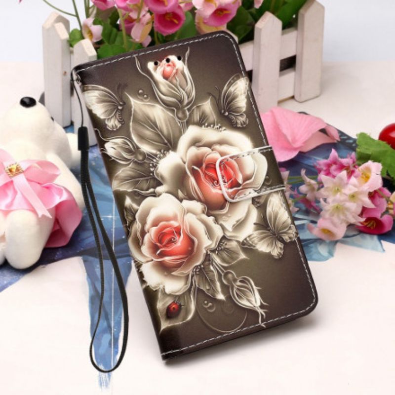 Flip Cover Xiaomi Redmi 9A Med Snor Sort Rose Med Rem