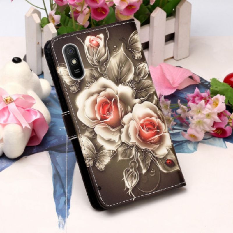 Flip Cover Xiaomi Redmi 9A Med Snor Sort Rose Med Rem