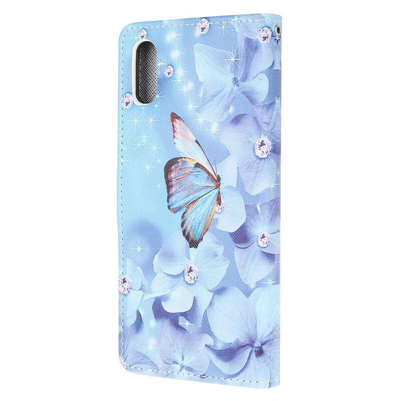 Læder Cover Xiaomi Redmi 9A Med Snor Sommerfugle Med Diamantrem