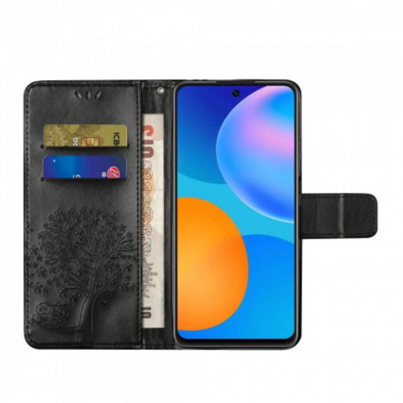 Flip Cover Xiaomi Redmi Note 10 Pro Med Snor Træ Og Strappy Ugler