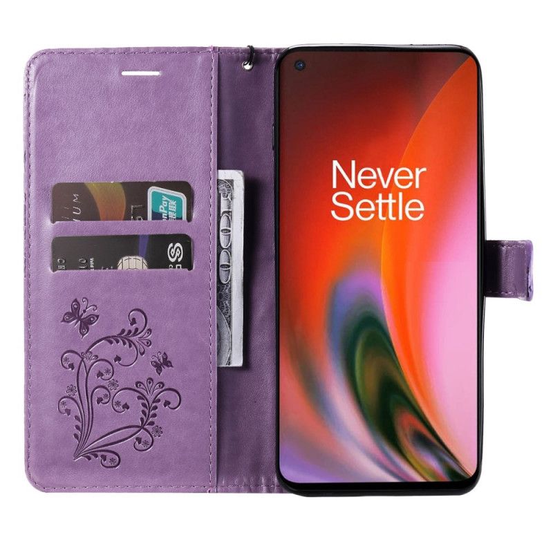 Flip Cover OnePlus Nord 2 5G Med Snor Kæmpe Strappy Sommerfugle