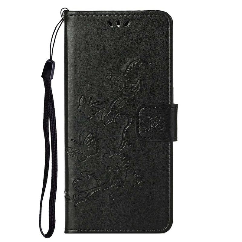 Flip Cover OnePlus Nord 2 5G Med Snor Thong Sommerfugle Og Blomster