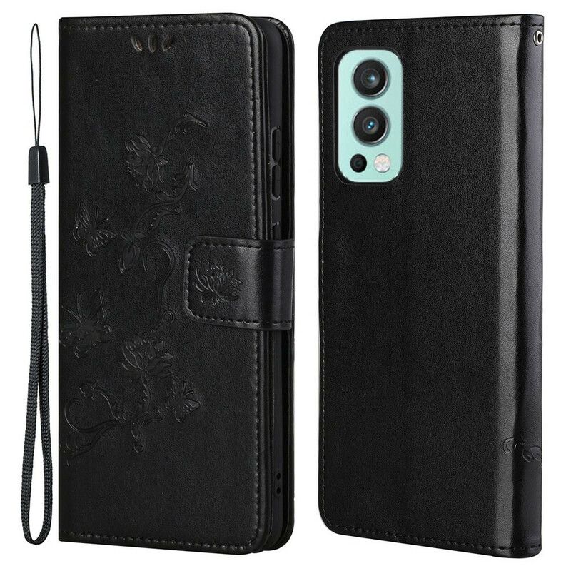 Flip Cover OnePlus Nord 2 5G Med Snor Thong Sommerfugle Og Blomster