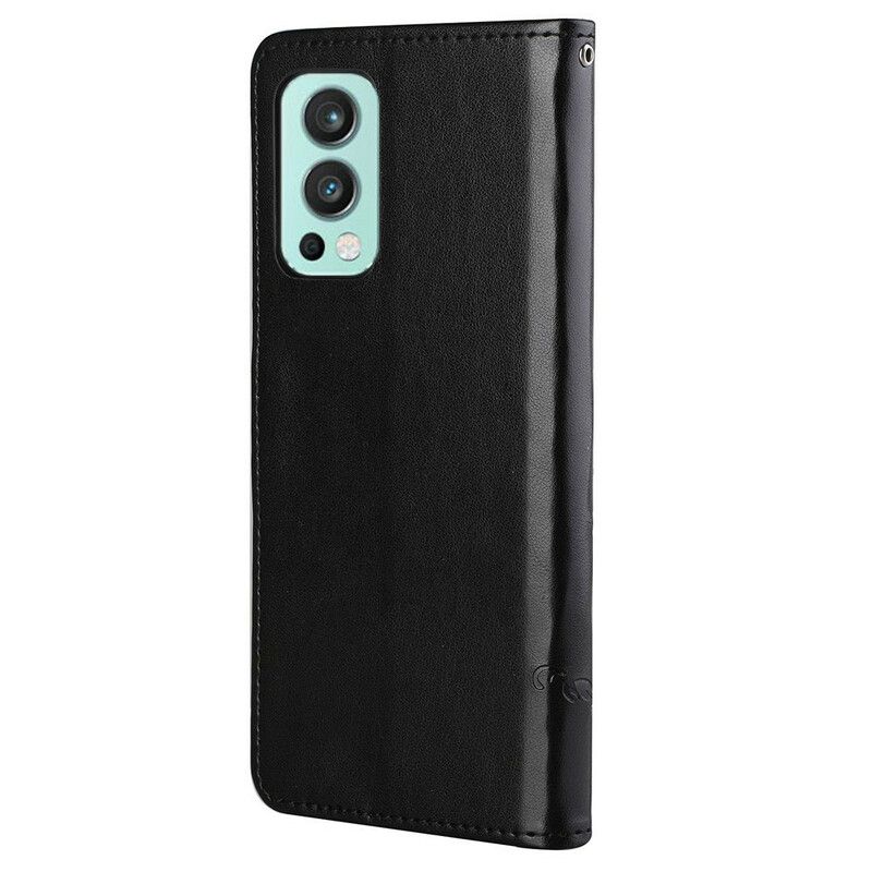 Flip Cover OnePlus Nord 2 5G Med Snor Thong Sommerfugle Og Blomster