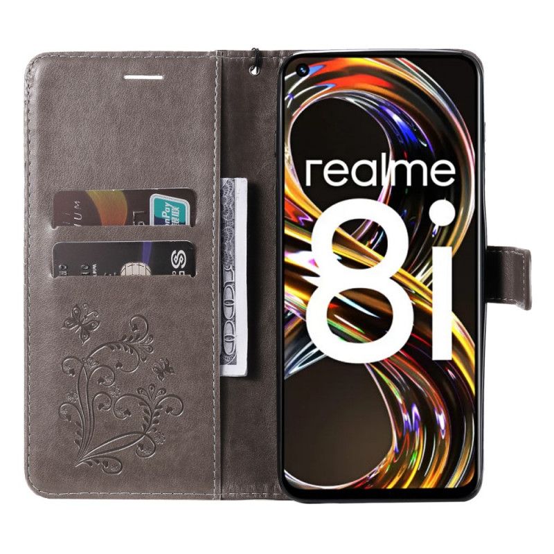 Læder Cover Realme 8i Med Snor Kæmpe Strappy Sommerfugle