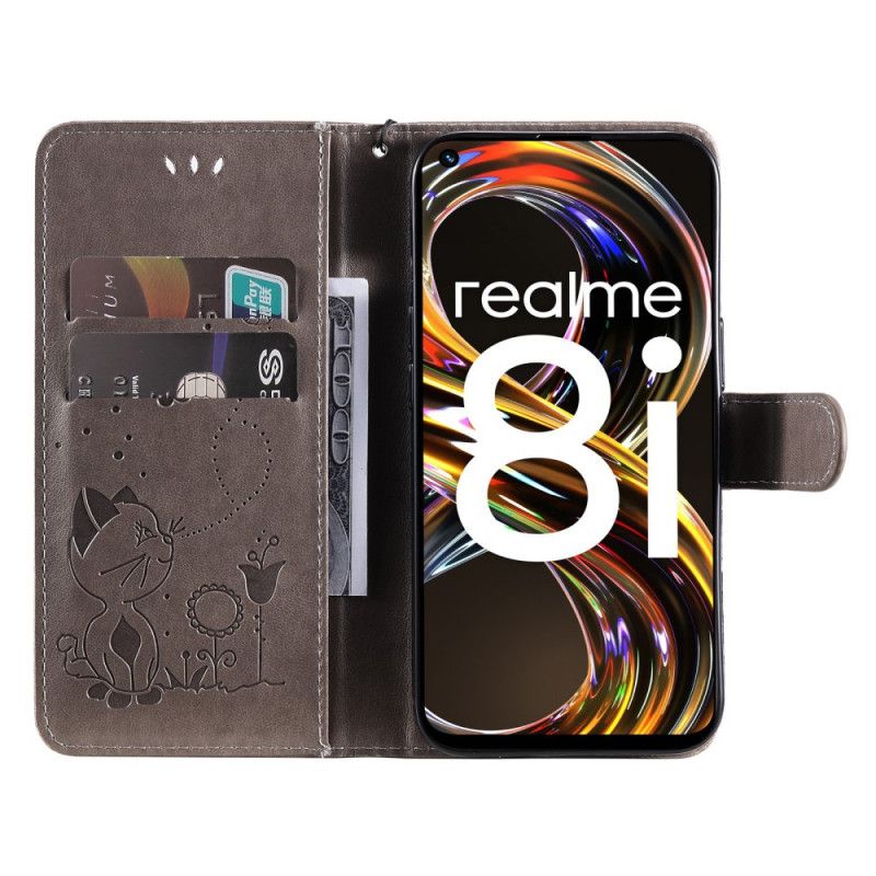 Læder Cover Realme 8i Med Snor Thong Kat Og Bi