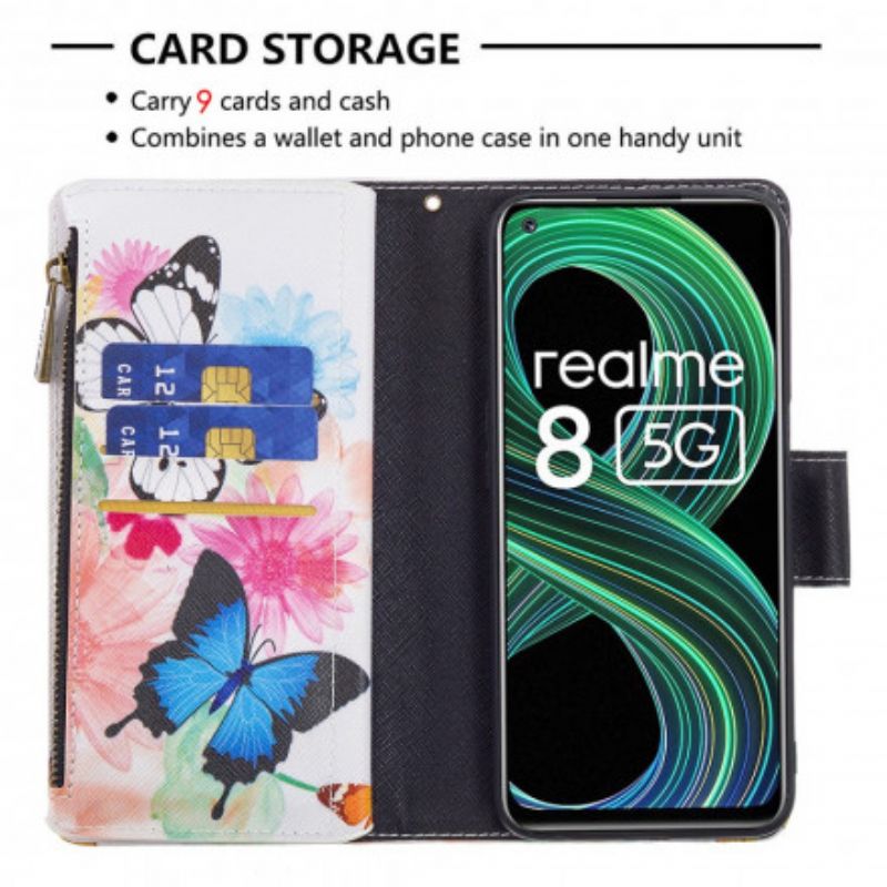 Flip Cover Realme 8 5G Sommerfugle Med Lynlåslomme