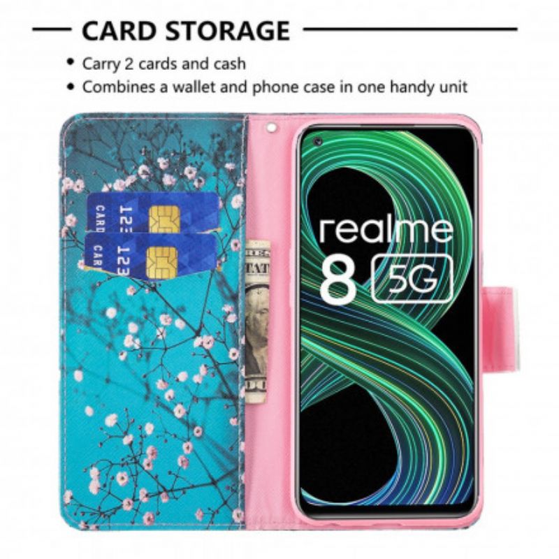 Læder Cover Realme 8 5G Blomstrende Gren