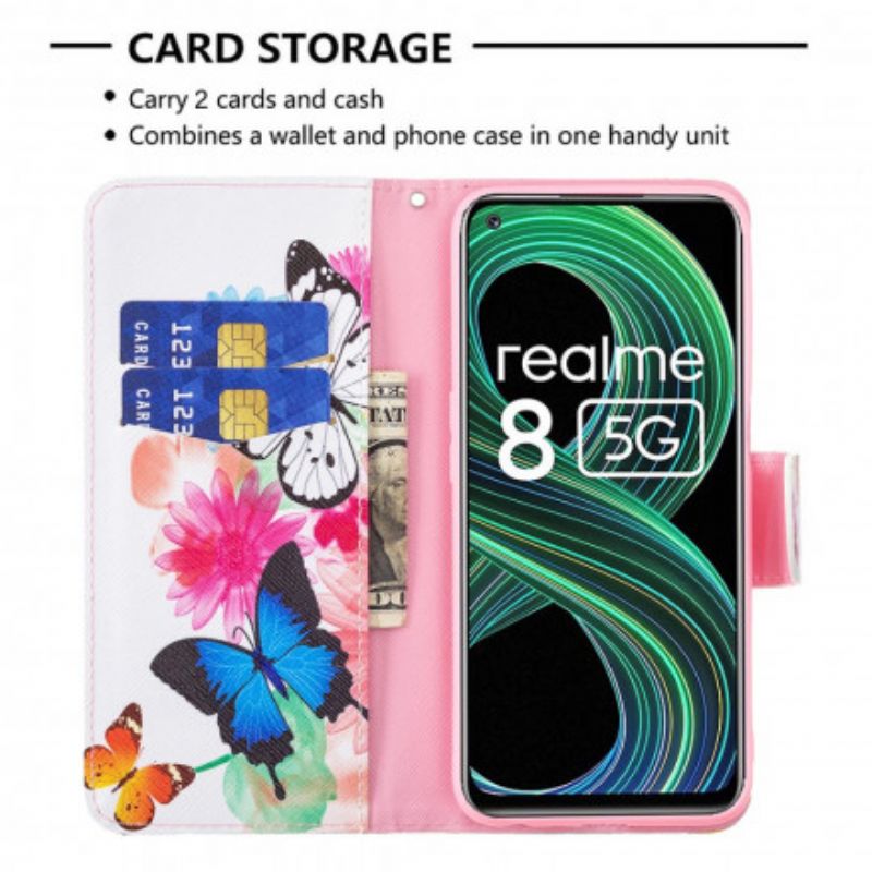 Læder Cover Realme 8 5G Malede Sommerfugle Og Blomster