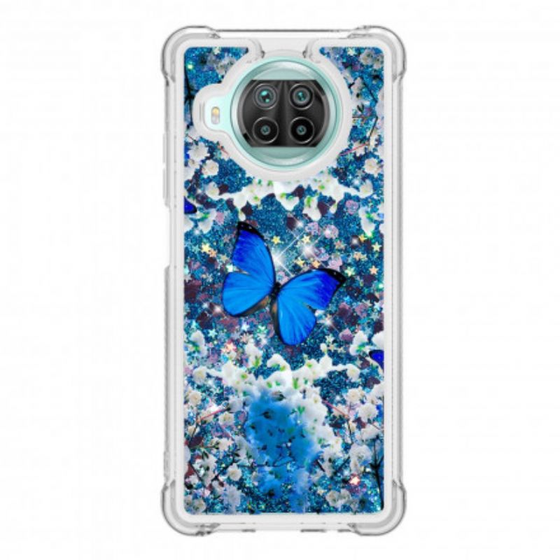 Cover Xiaomi Mi 10T Lite / Redmi Note 9 Pro 5G Blå Glitter Sommerfugle