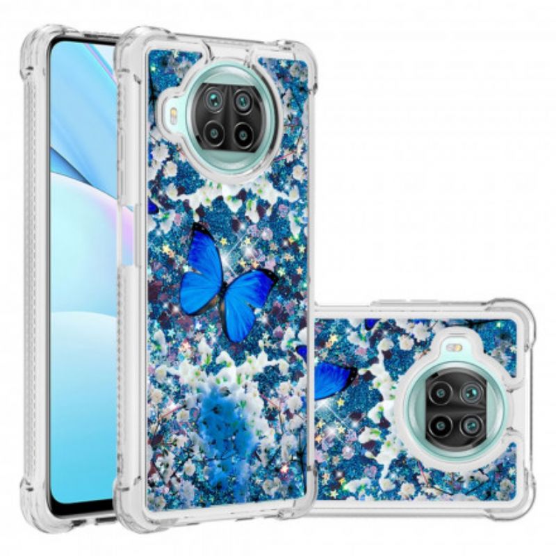 Cover Xiaomi Mi 10T Lite / Redmi Note 9 Pro 5G Blå Glitter Sommerfugle