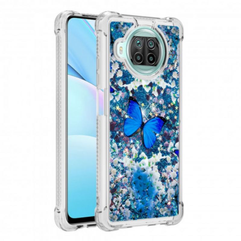 Cover Xiaomi Mi 10T Lite / Redmi Note 9 Pro 5G Blå Glitter Sommerfugle