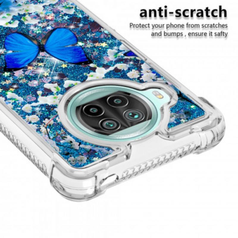 Cover Xiaomi Mi 10T Lite / Redmi Note 9 Pro 5G Blå Glitter Sommerfugle