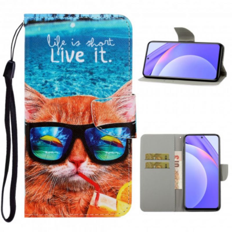 Læder Cover Xiaomi Mi 10T Lite / Redmi Note 9 Pro 5G Med Snor Cat Live It Strappy