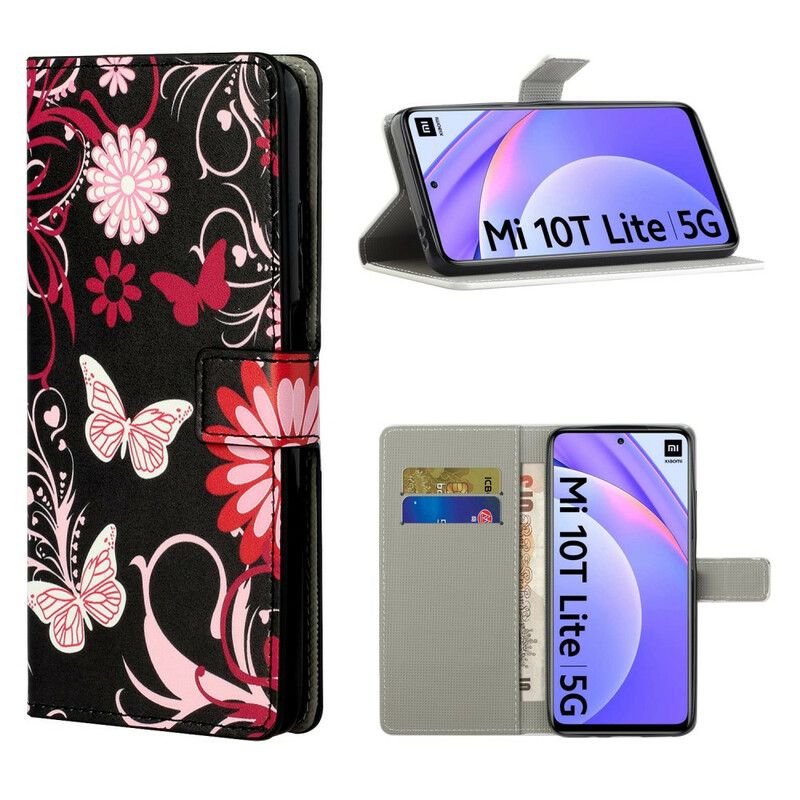 Læder Cover Xiaomi Mi 10T Lite / Redmi Note 9 Pro 5G Sommerfugle Og Blomster