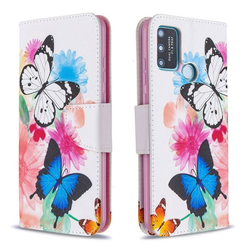 Flip Cover Honor 9A Malede Sommerfugle Og Blomster