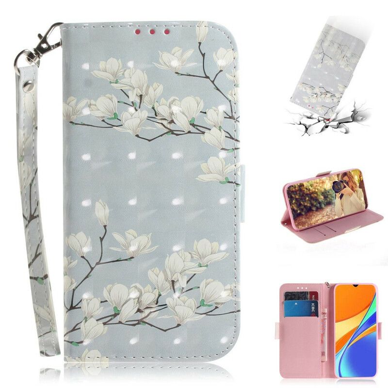 Flip Cover Xiaomi Redmi 9C Med Snor Thong Blomstergren