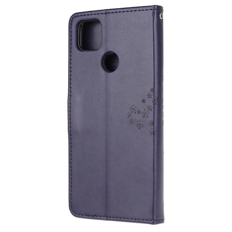 Flip Cover Xiaomi Redmi 9C Med Snor Træ Og Strappy Ugler