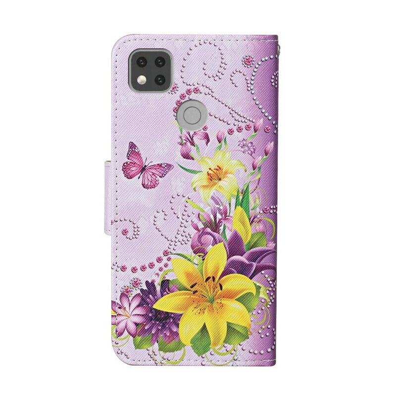 Læder Cover Xiaomi Redmi 9C Med Snor Sommerfugle Og Sydlige Blomster Strappy