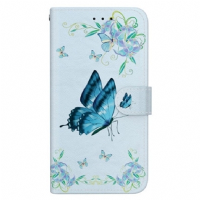 Flip Cover Realme 12 Pro / 12 Pro Plus Blå Sommerfugl Og Blomster Med Rem